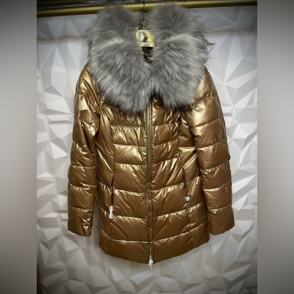 Gold Puffer Jacket with Faux Fur Collar